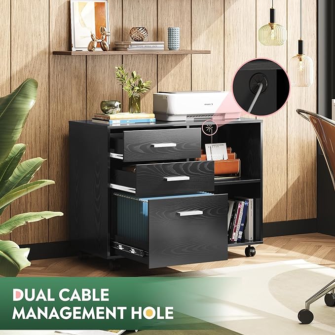 DEVAISE 3-Drawer Wood File Cabinet, Mobile Lateral Filing Cabinet, Printer Stand with Open Storage Shelves for Home Office, Black