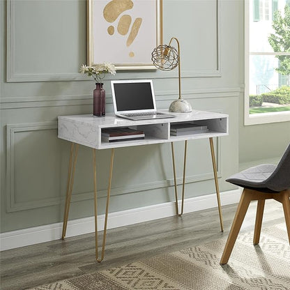 Novogratz Athena Computer Desk with Storage, White Marble