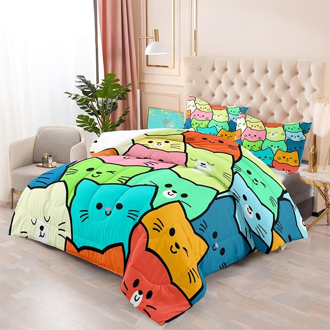 Cartoon Cat Comforter Set 3Pcs - Queen Size Cat Bedding Set for Bedroom Ultra Soft Lovely Animals Themed Comforter Set for Kids Room Decor for All-Season Boys Girls Gifts, 1 Quilt + 2 Pillowcases