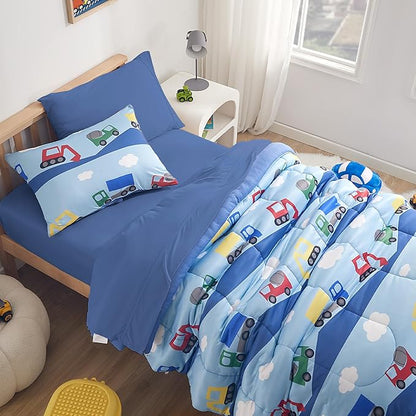 SLEEP ZONE Full/Queen Size Comforter Set for Children, Durable Jersey Knitted Bedding for All Seasons with 1 Comforter(66"x90"), 2 Pillow Cases(20"x26") (Bulldozers,Full/Queen)