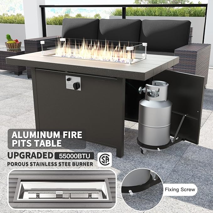 Kullavik 13PCS Outdoor Patio Furniture Set with 43" 55000BTU Gas Propane Fire Pit Table PE Wicker Rattan Sectional Sofa Patio Conversation Sets,Black