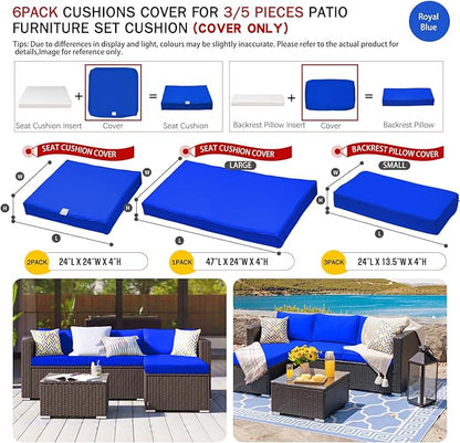 ClawsCover 6Pack Outdoor Seat and Back Cushions Replacement Covers Fit for 3 Pieces 3-Seater Wicker Rattan Patio Furniture Conversation Set Sectional Couch Chair,Royal Blue-Include Cover Only