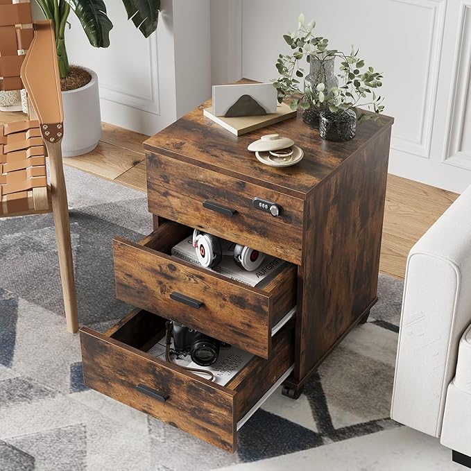 Soohow 3 Drawers Vertical Detachable Cushion Mobile Under Desk File Cabinet with Smart Lock/Casters,Rustic-Black, Large, Brown