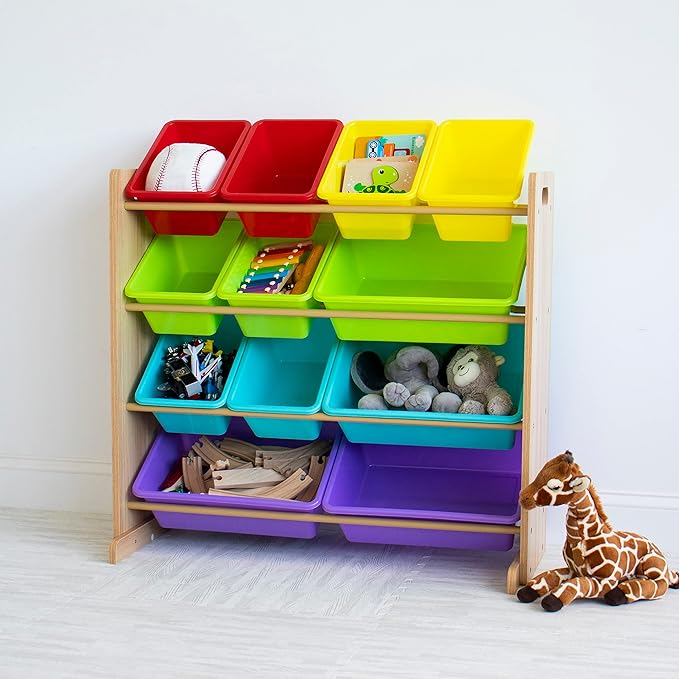 Humble Crew Kids Toy Storage Organizer with 12 Storage Bins, Rainbow/Natural Wood
