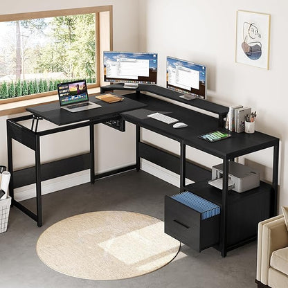 YITAHOME L Shaped Desk with File Drawer, 65" Large Computer Desk Corner Desk with Lift Top, Standing Desk Height Adjustable with Monitor Stand & Storage Shelves for Home Office, Black