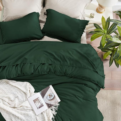 Andency Dark Emerald Green Comforter Set King Size, 3 Pieces Boho Lightweight Tassel Forest Bedding Comforter Sets, All Season Soft Fluffy Fringe Bed Set (104x90In Comforter & 2 Pillowcases)