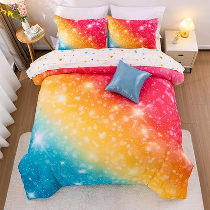 A Nice Night Gradient Glitter 6Pcs Bed in A Bag Bedding Set for Girls Twin Size, Colorful Rainbow Galaxy Comforter Set, Ultra Soft Bedding Sets, YellowBlue