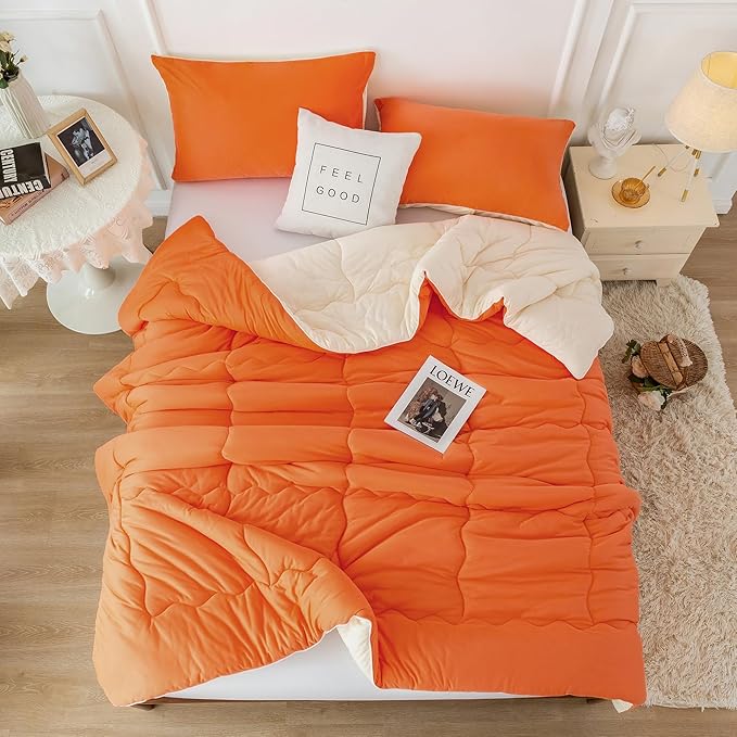 COTTEBED Reversible Ultra-Soft Bright Orange Beige Twin Comforter Set for Girl Boy Kid Dorm, Jersey Knit T-Shirt Feel Cute Lightweight Cozy Comfy Bedding Blanket Down Conforter All Season Twin/Twin XL