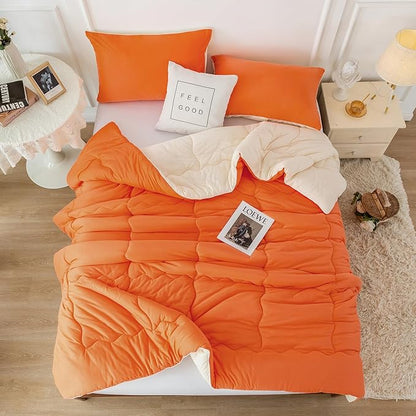 COTTEBED Reversible Ultra-Soft Bright Orange Beige Twin Comforter Set for Girl Boy Kid Dorm, Jersey Knit T-Shirt Feel Cute Lightweight Cozy Comfy Bedding Blanket Down Conforter All Season Twin/Twin XL