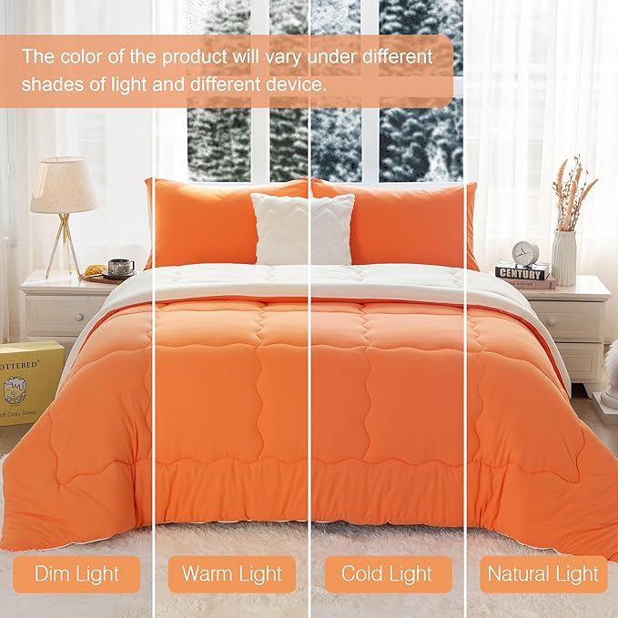 COTTEBED Warm Reversible Softness Burnt Orange and Beige King Size Comforter Sets Clearance, California King Soft Fully Breathable Bedding Down Comforter and Pillowsham for Women Winter King/Cal King