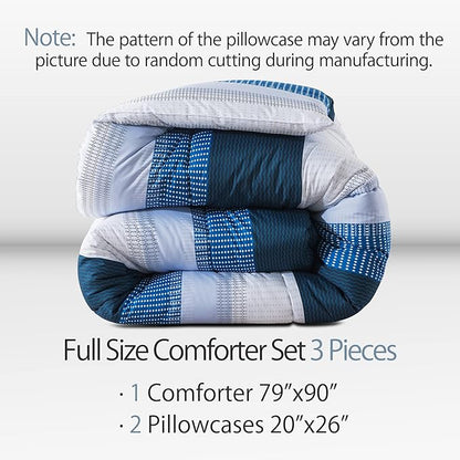 Andency Stripe Comforter Set Full Size (79x90 Inch), 3 Pieces Navy Patchwork Striped Comforter, Soft Microfiber Down Alternative Comforter Bedding Set with Corner Loops