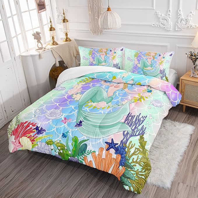 CVHOUSE Mermaid Comforter Set,Ocean Sea Mermaid Bedding Set for Girls Kids Teens,Mermaid Comforter Butterflies Duvet Set Room Decor Quilt Set Full Size