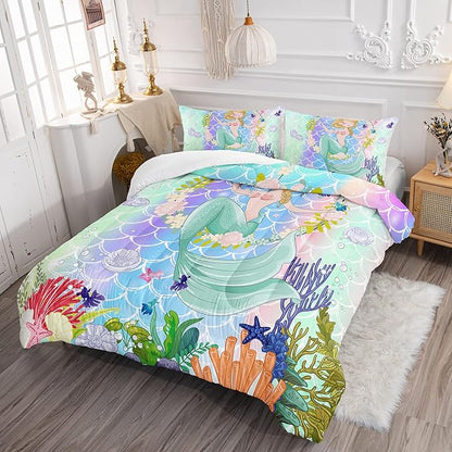 CVHOUSE Mermaid Comforter Set,Ocean Sea Mermaid Bedding Set for Girls Kids Teens,Mermaid Comforter Butterflies Duvet Set Room Decor Quilt Set Queen Size