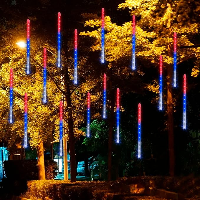 Dazzle Bright 4th of July Lights Decorations, 288LED Red Blue and White Meteor Shower Rain Lights 12Inch 8 Tubes, Waterproof Plug in Falling Rain Lights Independence Day for Outdoor Yard