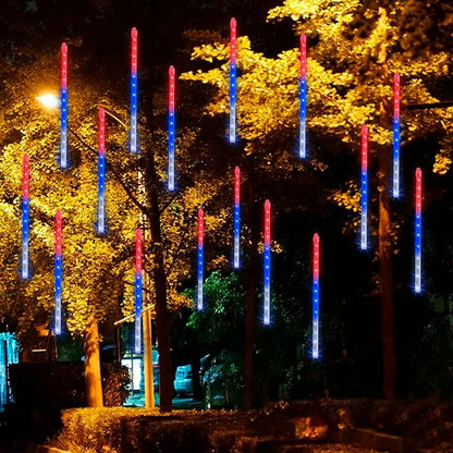 Dazzle Bright 4th of July Lights Decorations, 288LED Red Blue and White Meteor Shower Rain Lights 12Inch 8 Tubes, Waterproof Plug in Falling Rain Lights Independence Day for Outdoor Yard