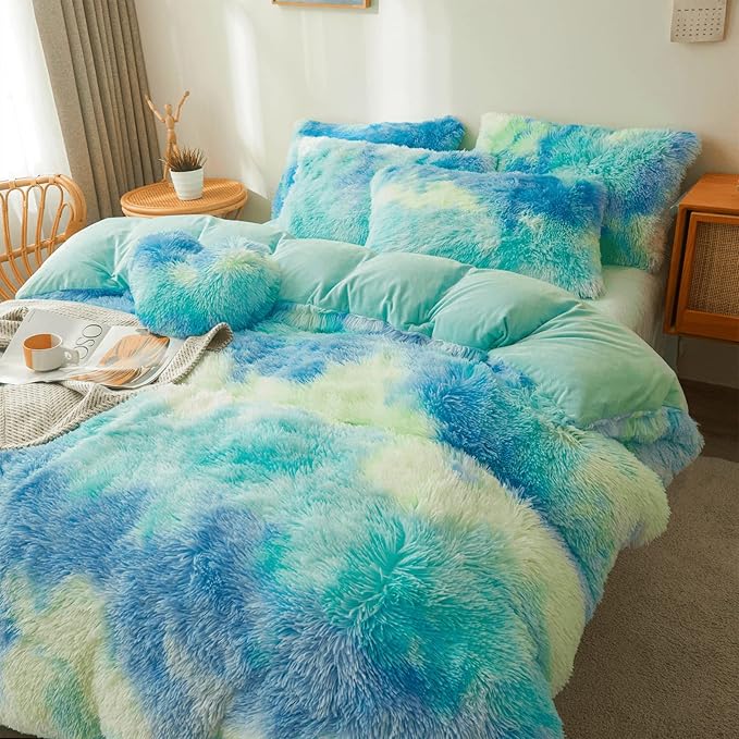 Tie dye Plush Fluffy Comforter Cover Set Queen - Ultra Soft Faux Fur tie dye Bedding Sets 3 Pieces (1 Shaggy Duvet Cover + 2 Pillow case) Fluffy Bed Set (Tie Dye Mint, Queen)