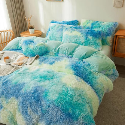 Tie dye Plush Fluffy Comforter Cover Set Queen - Ultra Soft Faux Fur tie dye Bedding Sets 3 Pieces (1 Shaggy Duvet Cover + 2 Pillow case) Fluffy Bed Set (Tie Dye Mint, Queen)