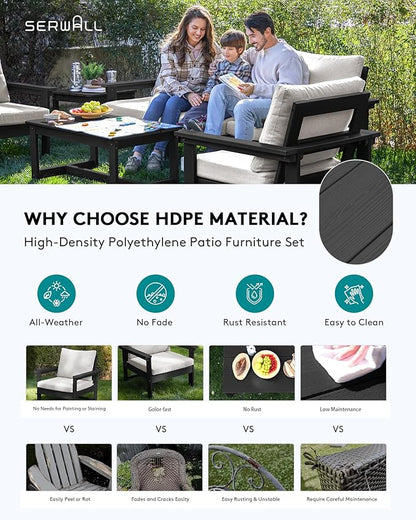 SERWALL HDPE Patio Coversation Set, 7-piece Outdoor Sectional Sofa Set, All Weather Patio Couch Set Patio Furniture for Balcony, Deck, Black Frame with Khaki Cushion