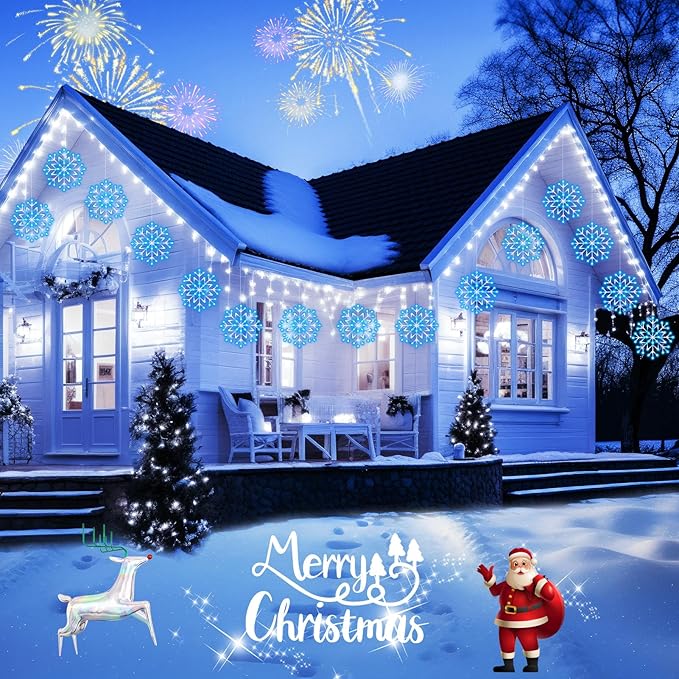 Christmas Snowflake Icicle Lights Outdoor - Plug-in 23.6ft 10 Drops 480LED Snowflake Window Lights, Connectable for Indoor Outdoor Porch Eaves Rooftops Canopy Christmas Decoration, Blue and White