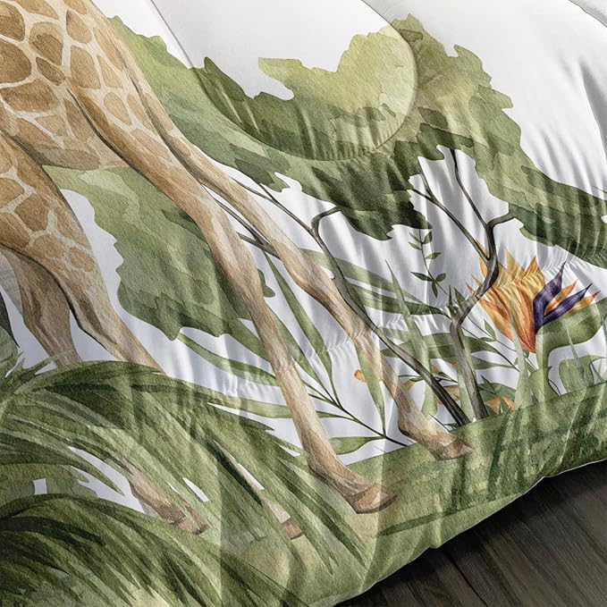 Elephant Giraffe Monkeys Comforter Queen Size,Wild Animals Kids Comforter Set,3Pcs Bedding Set Printed Comforter with 2 Pillowcases,Down Alternative,Soft and Lightweight,for All Seasons
