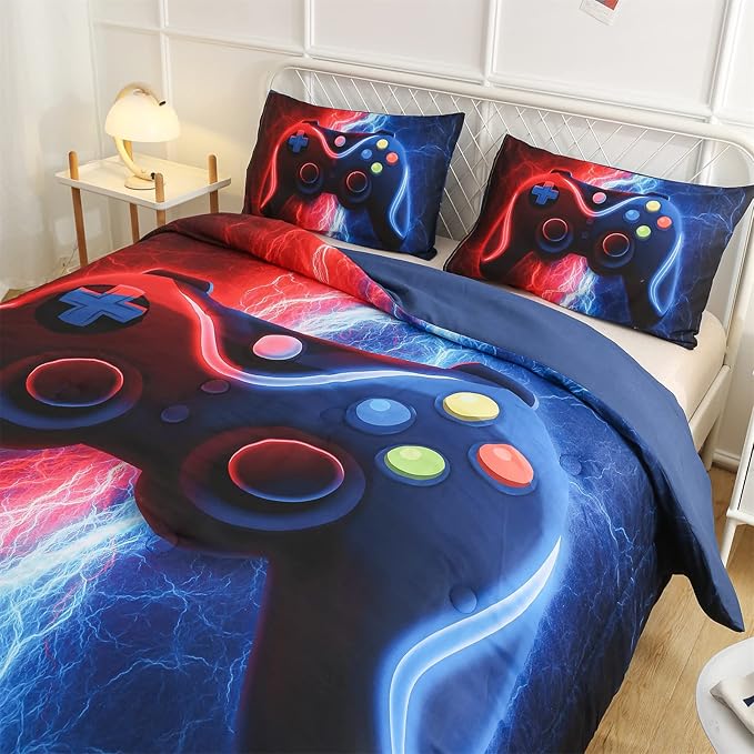 Meeting Story Gamer Gaming Bedding Sets Tie Dye Lightnings Gamepad Comforter Set for Boys Games Console Action Buttons Novelty Colorful Modern Room Decor Home Quilt Set (Queen, Red-Blue)