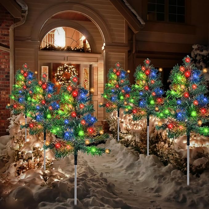 Outdoor Christmas Decorations 6-Pack Solar Christmas Tree with 8 Lighting Modes 120 Multi-Color Lights for House Outside Pathway Yard Garden Walkway Lawn Patio Front Porch Door