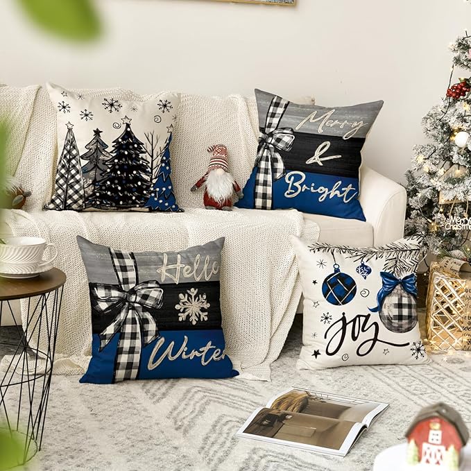 AVOIN colorlife Merry Christmas Joy Xmas Trees Blue and Black Throw Pillow Covers, 20 x 20 Inch Christmas Winter Holiday Cushion Case Decoration for Sofa Couch Set of 4