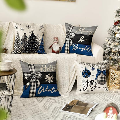 AVOIN colorlife Merry Christmas Joy Xmas Trees Blue and Black Throw Pillow Covers, 20 x 20 Inch Christmas Winter Holiday Cushion Case Decoration for Sofa Couch Set of 4