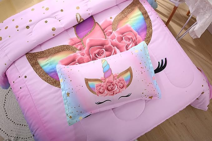 Unicorn Comforter Set Rainbow Soft Girls Unicorn Bedding with 1 Comforter 2 Pillowcases Pink Flower Unicorn Bedding Sets for Girls Twin Size
