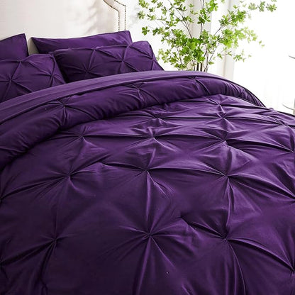 Ubauba 5pc Twin Size Comforter Set with Sheets, Purple Pintuck 5 Piece Bed in a Bag with Comforter, All Season Pinched Bedding Comforters & Sets (Purple,Twin)