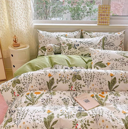 Botanical Comforter Set Full White and Sage Green Floral Plant Bedding Set Garden Pattern Printed on White Reversible Blanket 3 PCs 1 White Comforter 80"x90" and 2 Pillowcases