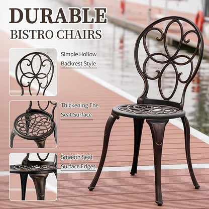 3 Piece Outdoor Bistro Set, Cast Aluminum Bistro Table and Chairs Set, Weather Resistant Patio Metal Bistro Sets, Patio Table Set with Umbrella Hole for Balcony Backyard Garden