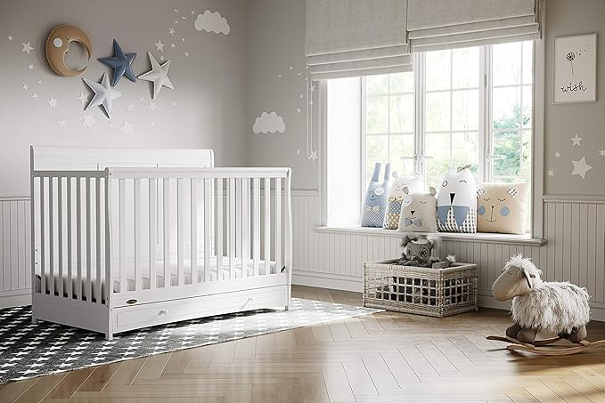 Graco Asheville 4-in-1 Convertible Crib with Drawer (White) – GREENGUARD Gold Certified, Crib with Drawer Combo, Full-Size Nursery Storage Drawer, Converts to Toddler Bed, Daybed and Full-Size Bed