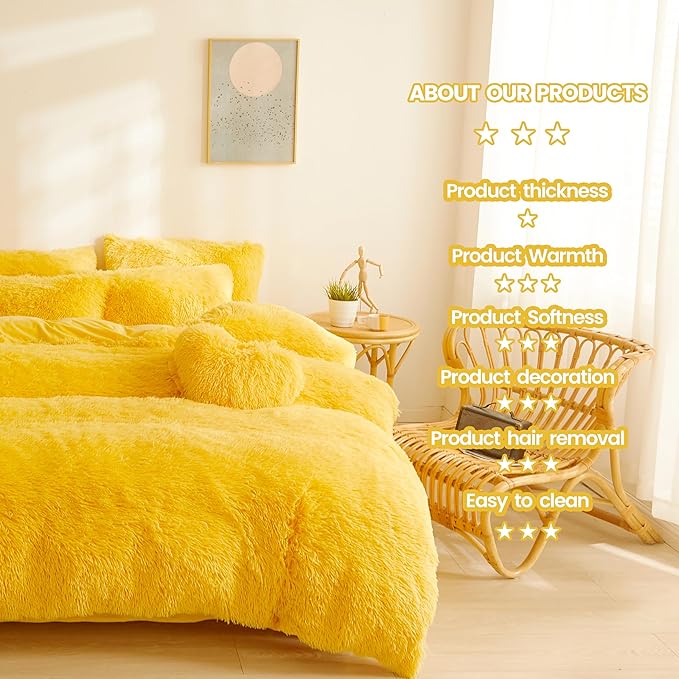 FOPPA Yellow Plush Fluffy Comforter Cover Set Queen - Ultra Soft Faux Fur Yellow Bedding Sets 3 Pieces (1 Shaggy Duvet Cover + 2 Pillow case) Fuzzy Bed Set (Yellow, Queen)