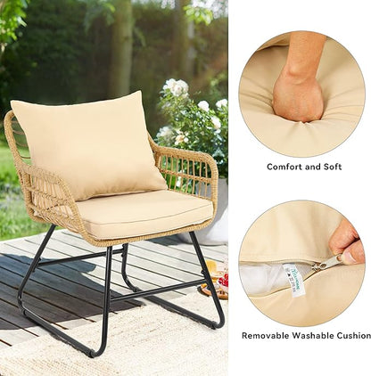 YITAHOME 4-Piece Patio Furniture Wicker Outdoor Bistro Set, All-Weather Rattan Conversation Loveseat Chairs for Backyard, Balcony and Deck with Soft Cushions and Metal Table (Light Brown+Beige)