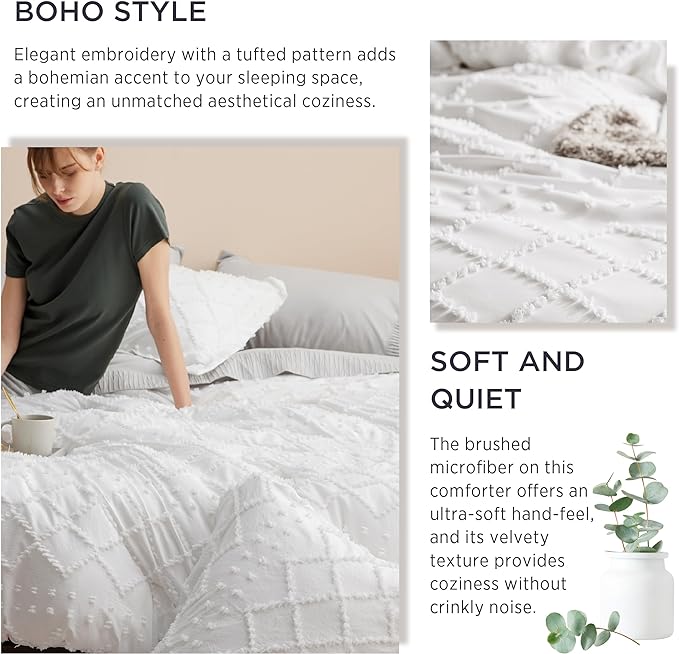 Bedsure Twin/Twin XL Comforter Set - White Boho Twin Extra Long Comforter Set for College, Shabby Chic Dorm Bedding Set, 2 Pieces Modern Farmhouse Bed Set, includes 1 Pillow Sham
