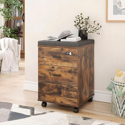 Soohow 3 Drawers Vertical Detachable Cushion Mobile Under Desk File Cabinet with Smart Lock/Casters,Rustic-Black, Large, Brown