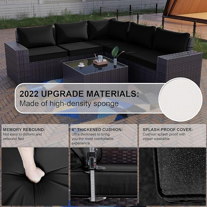 Kullavik 6PCS Outdoor Patio Furniture Set PE Wicker Rattan Sectional Sofa Patio Conversation Sets,Black