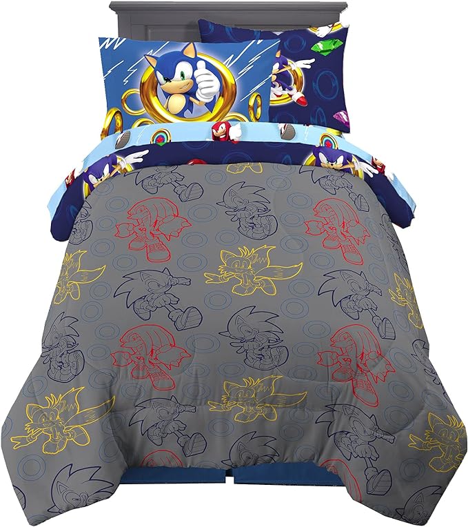 Franco Kids Bedding Super Soft Comforter and Sheet Set with Sham, 5 Piece Twin Size, Sonic The Hedgehog, Anime