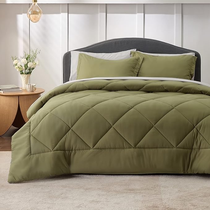 Bedsure Olive Green Queen Comforter Set - 7 Pieces Reversible Queen Bed in a Bag Queen Bed Set with Comforters, Sheets, Pillowcases & Shams, Queen Bedding Sets