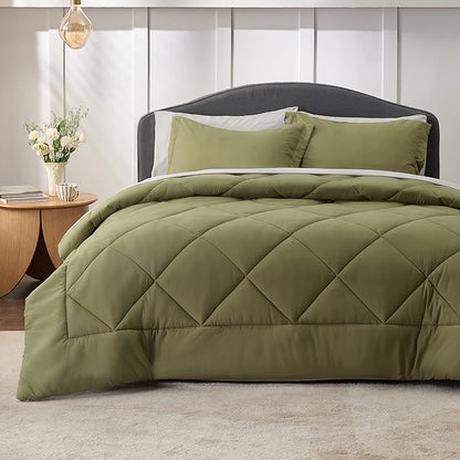 Bedsure Olive Green Full Size Comforter Set - 7 Pieces Reversible Full Bed in a Bag Full Bed Set with Comforters, Sheets, Pillowcases & Shams, Full Bedding Sets