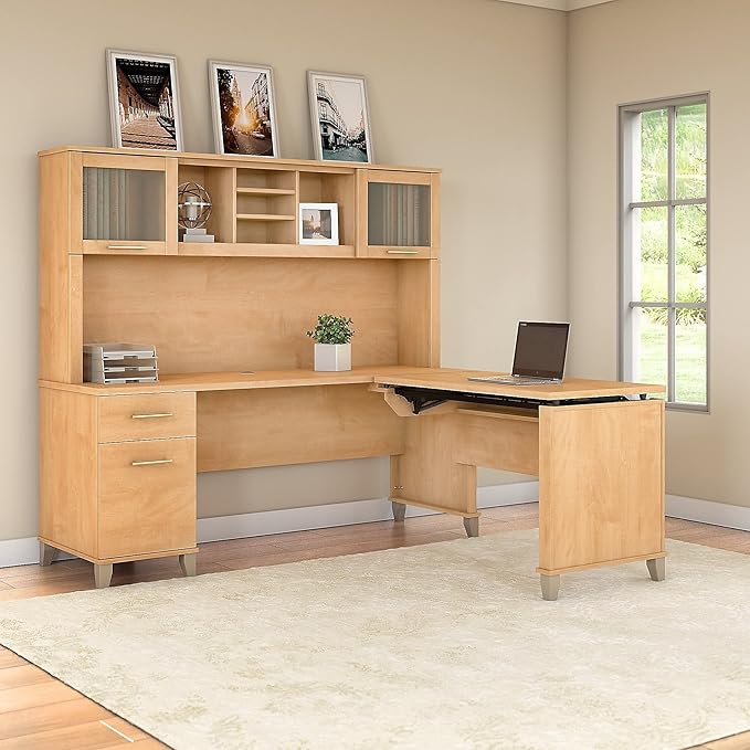 Bush Furniture Somerset 3 Position Sit to Stand L Shaped Desk with Hutch in Maple Cross Ergonomic Height Adjustable Standing Computer/Laptop Table for Home Office