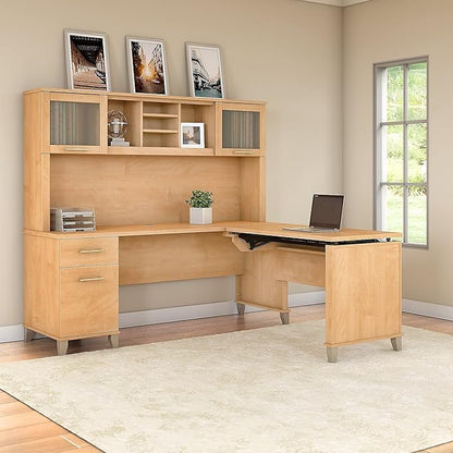 Bush Furniture Somerset 3 Position Sit to Stand L Shaped Desk with Hutch in Maple Cross Ergonomic Height Adjustable Standing Computer/Laptop Table for Home Office