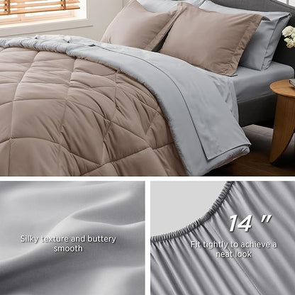 Bedsure Taupe King Size Comforter Set - 7 Pieces Reversible King Bed in a Bag King Bed Set with Comforters, Sheets, Pillowcases & Shams, King Bedding Sets