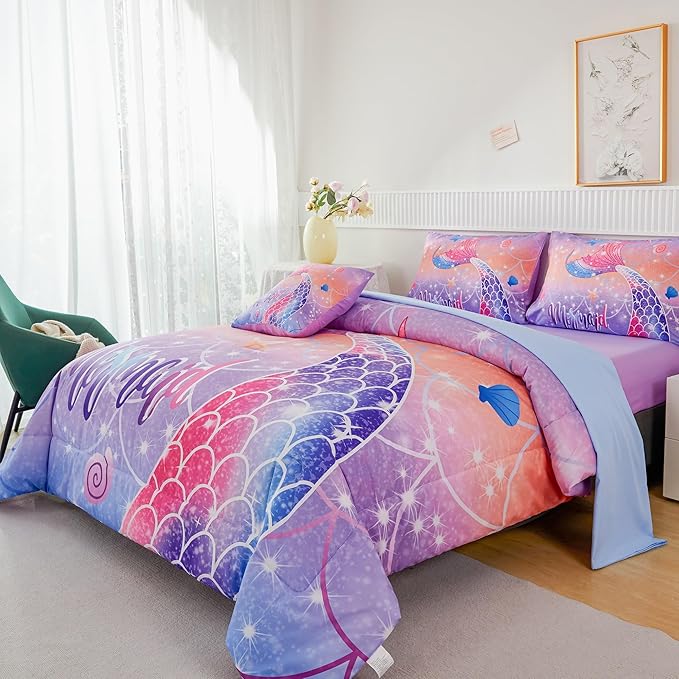 RYNGHIPY Full Bed in a Bag for Kids Teens Girls 6 Pieces, Soft Bedding for All Seasons, Cute Mermaid Tail Kids Bedding Set, Leightweight Girls Fluffy Bed Set