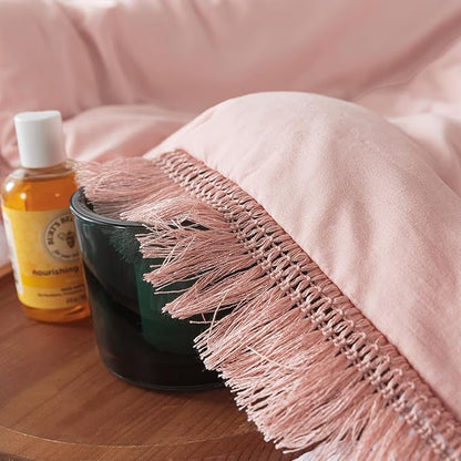 Andency Pink Comforter Set California King for Girls, Blush Boho Women Tassel Lightweight Bedding Comforter Sets, 3 Pieces All Season Soft Fluffy Fringe Bed Set (104x96In Comforter & 2 Pillowcases)