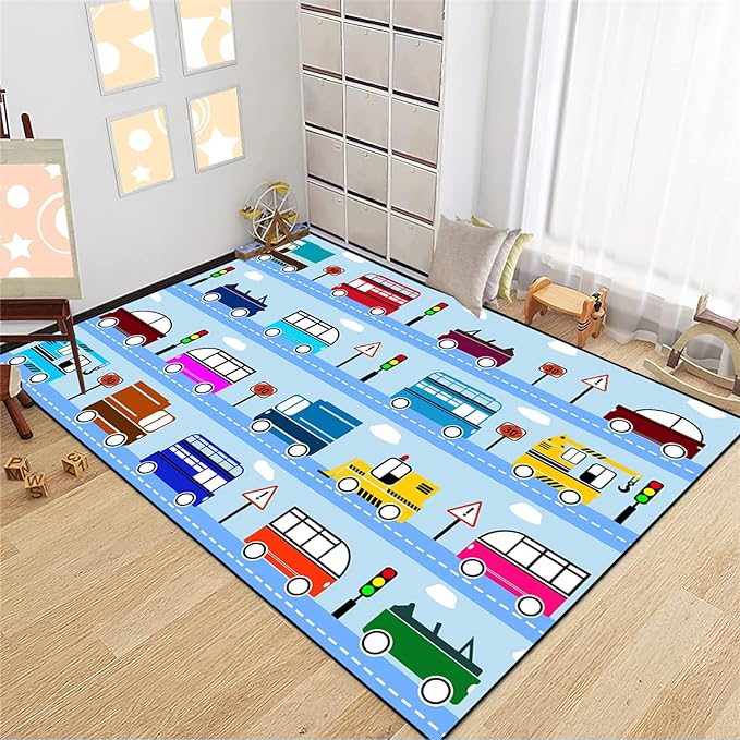 Car Rug Car Play Mat Kids Rugs for Playroom Car Rug Play Mat Rugs for Boys Bedroom Car Carpet for Kids Play Rug for Cars and Trucks Car Rug for Boys Room,Light Blue 3'×5'