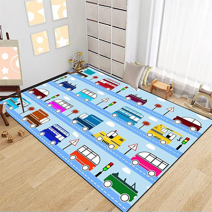 Car Rug Car Play Mat Kids Rugs for Playroom Car Rug Play Mat Rugs for Boys Bedroom Car Carpet for Kids Play Rug for Cars and Trucks Car Rug for Boys Room,Light Blue 2'5''×4'