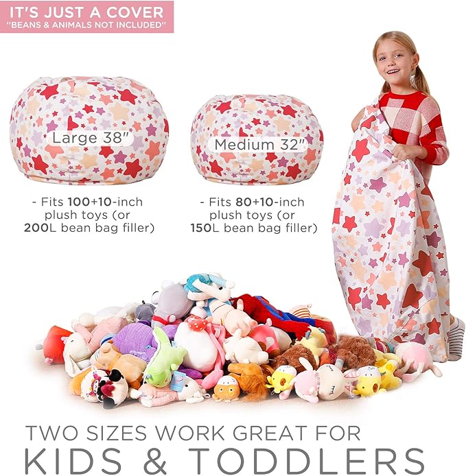 Aubliss Stuffed Animal Bean Bag Storage Chair, Beanbag Covers Only for Organizing Plush Toys, Turns into Bean Bag Seat for Kids When Filled, Medium 32"-Canvas Pattern Sparkling Star