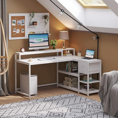 Reversible L-Shaped Computer Desk with hutch & Shelf,white